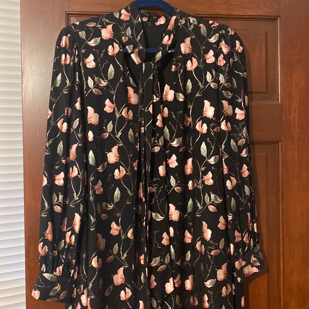 Gorgeous size 12 black dress pink floral, tie detail, sheer sleeves. Never worn!
